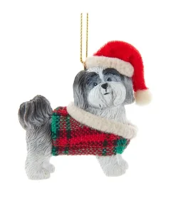 Grey Shih-Tzu With Plaid Coat and Santa Hat Ornament<Kurt Adler Outlet