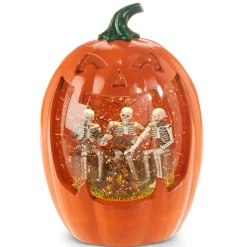 Halloween Carved Pumpkin Lit Water Lantern Shimmer with Skeleton Band< Outlet