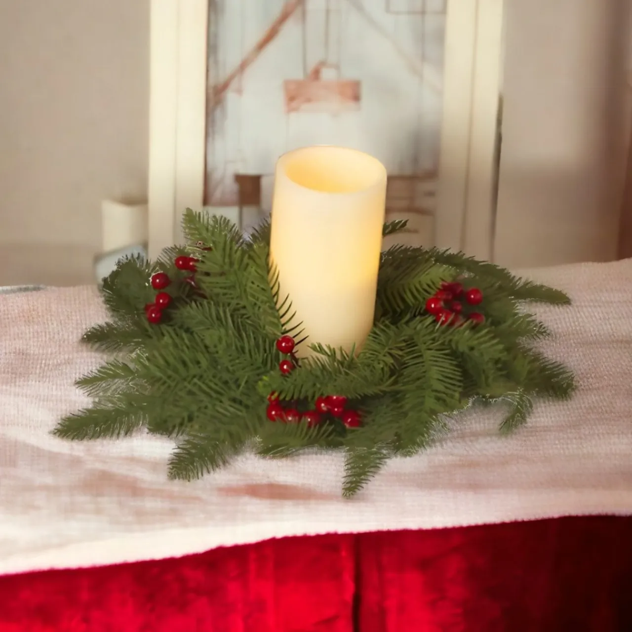 Holly Berry and Pine Candle Ring Centerpiece< Best