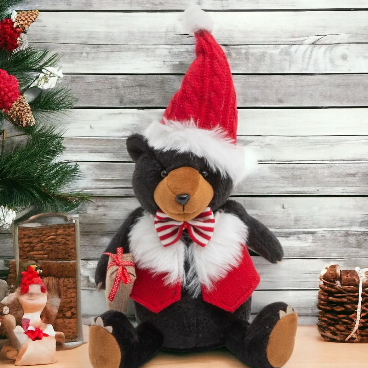 13.5 Inch Fab Sitting Bear with Santa Hat< Hot