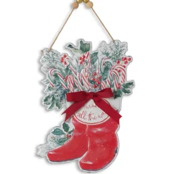 12.5 inch Metal Santa Boots Decor with Burlap Bow & Pine< Discount
