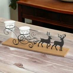13..5 inch Rustic Sleigh Tealight Holder with Glass Votives< New