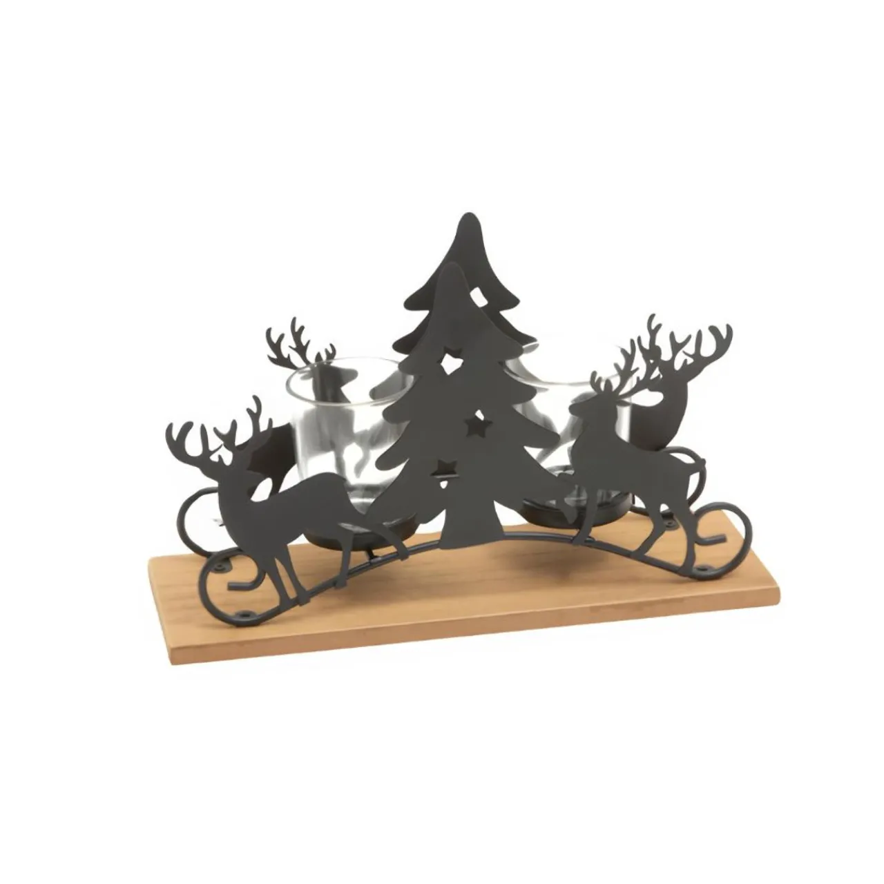 10 inch Wooden Sleigh Tealight Candle Holder with Glass Votives< Sale
