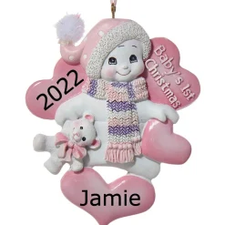 - Personalized Pink Baby's 1st Christmas Snowman Ornament | The Christmas Loft<Kurt Adler Clearance