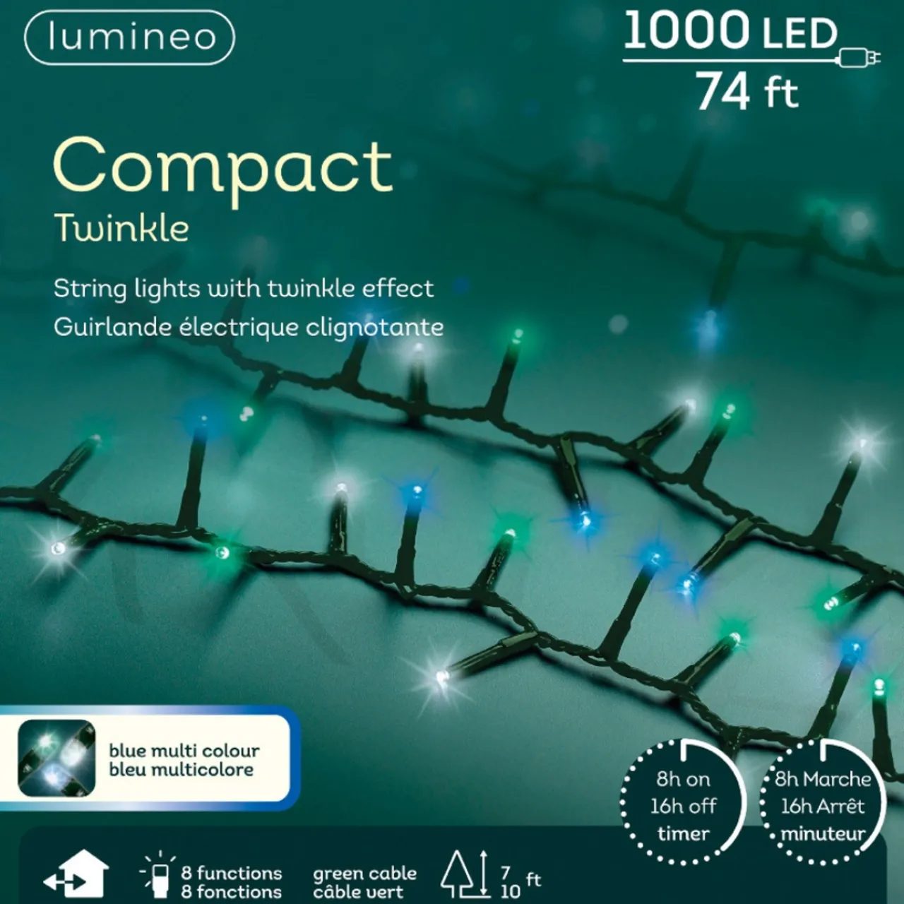 1000 LED Compact Blue Multi Color Lights On Green Wire - The Christmas Loft<Lumineo New