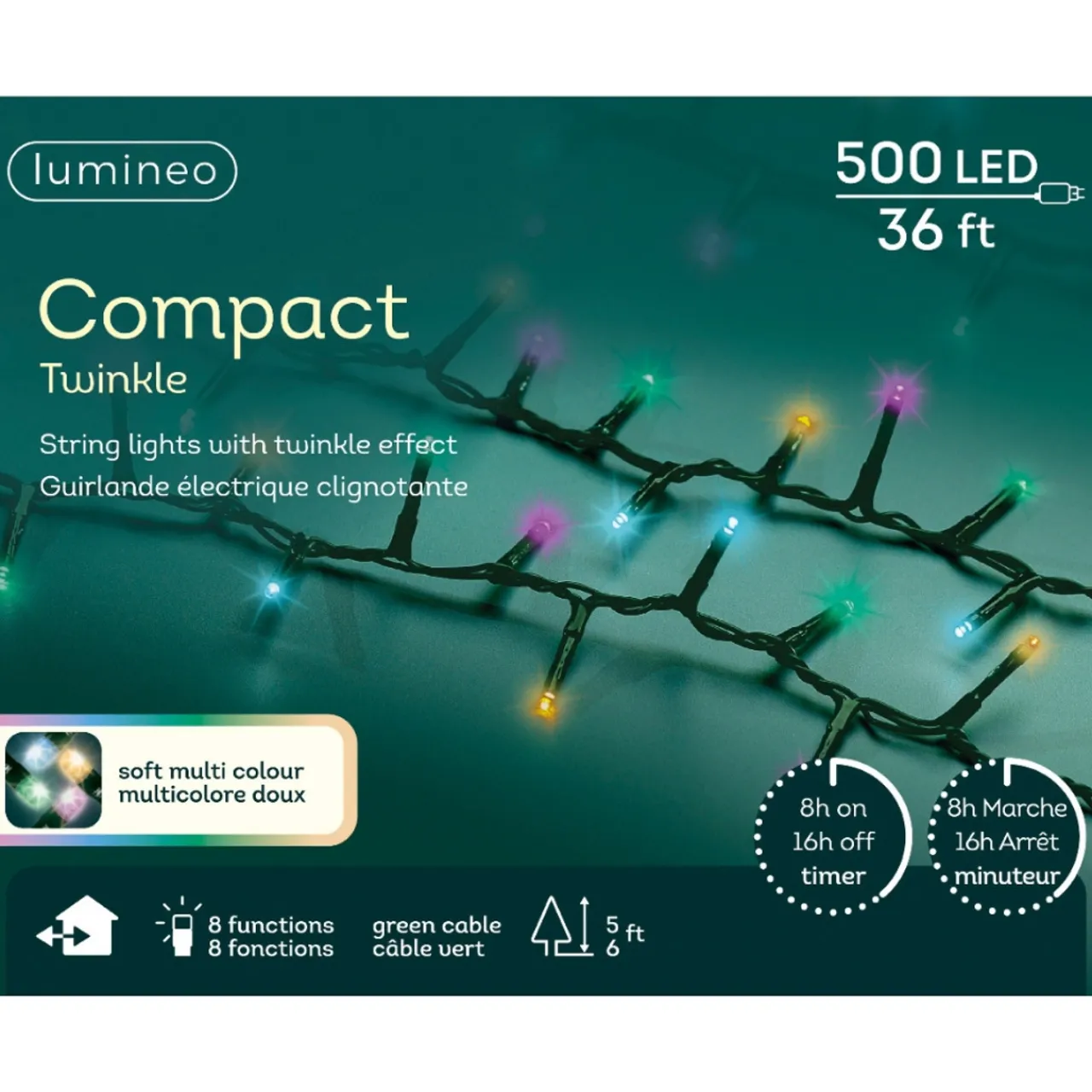 500 LED Compact Soft Multi Color Lights Green Wire - The Christmas Loft<Lumineo Sale