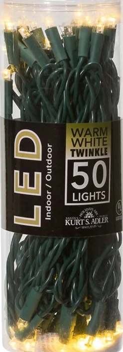 50 LED 5MM Warm White Twinkle Lights Green Wire   | The Christmas Loft<Kurt Adler Clearance