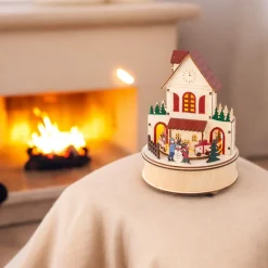 LED Wood Snowman House With Train Scene With Music And Motion<Lumineo Clearance