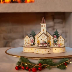 LED Wood Village Church With Train Scene With Music And Motion<Lumineo Sale