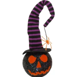 Light-Up Black Pumpkin Wearing A Large Stripy Hat With A Spider Dangling From It< Fashion