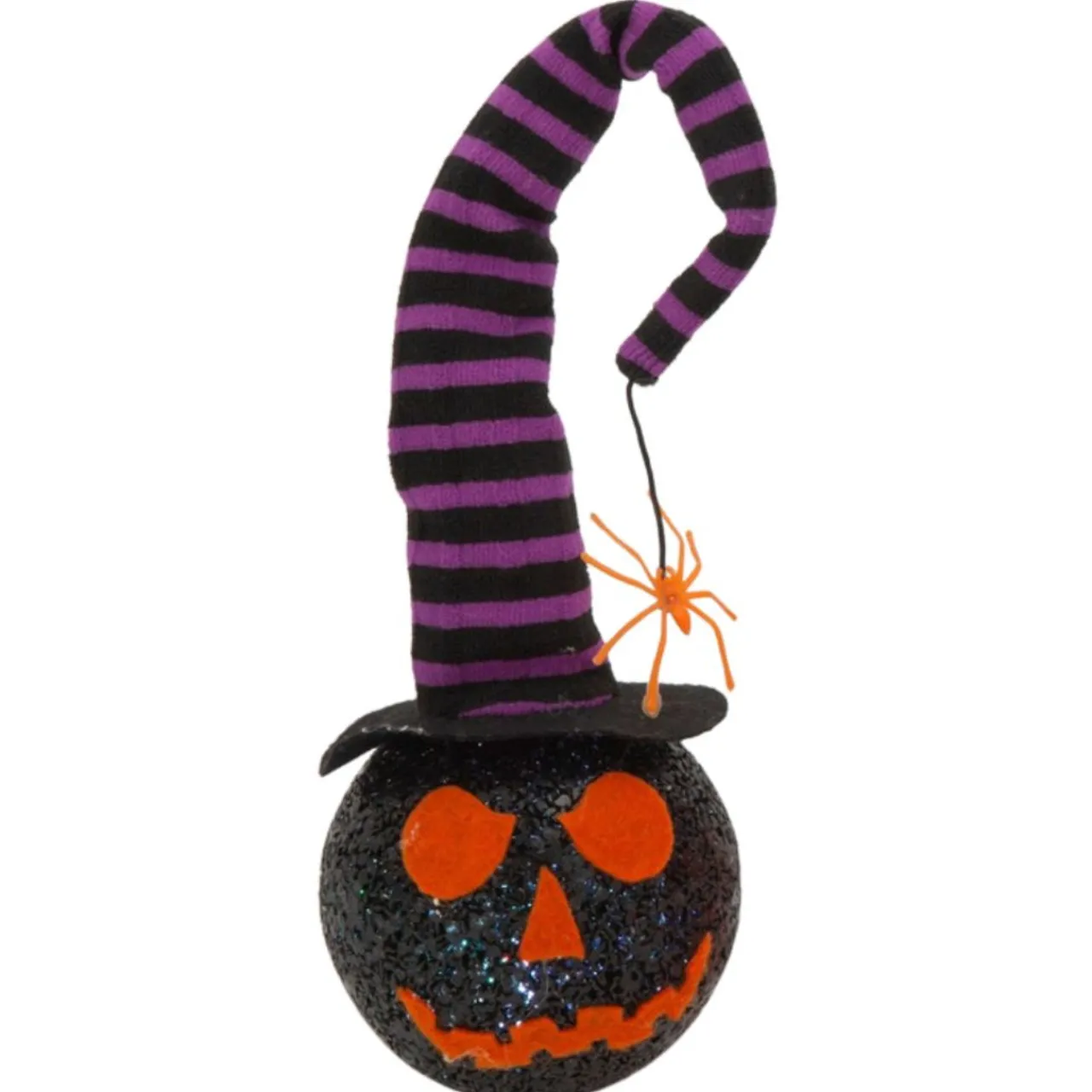 Light-Up Black Pumpkin Wearing A Large Stripy Hat With A Spider Dangling From It< Fashion