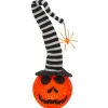 Light-Up Orange Pumpkin Wearing A Large Stripy Hat With A Spider Dangling From I< Online