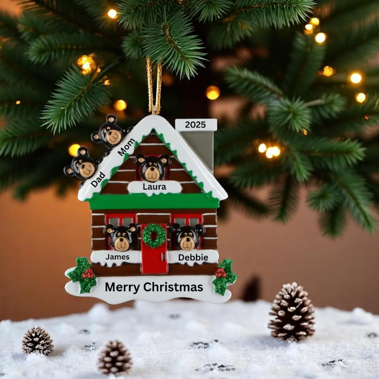 Log Cabin Bears Family of 5 Personalized Ornament< Discount