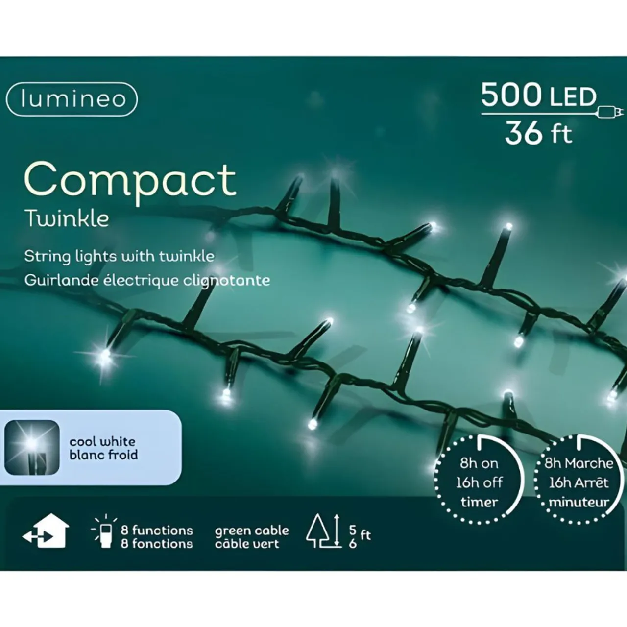 500 LED Cool White Christmas Compact Lights Set, Green Wire 36 Feet<Lumineo Clearance