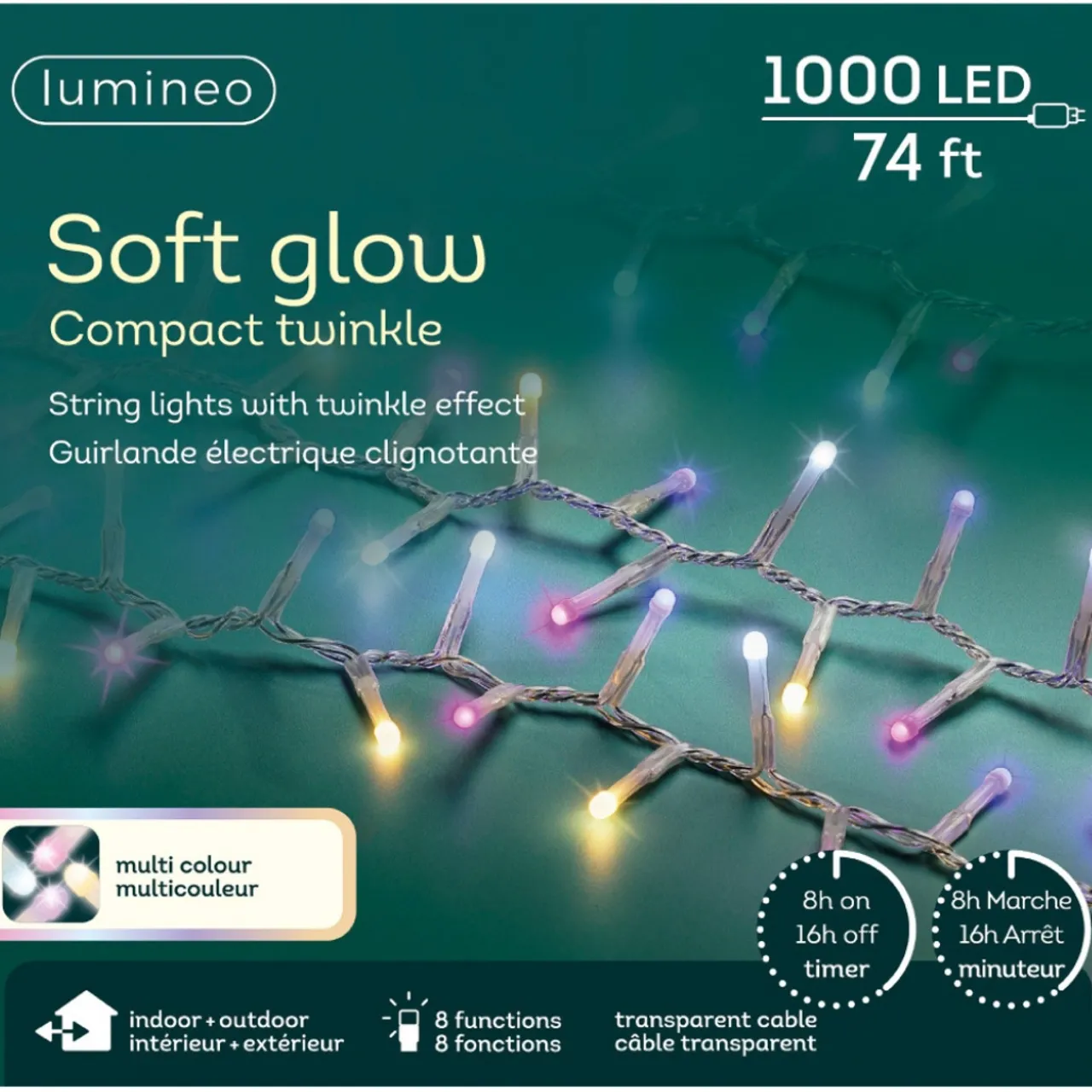 1,000 LED Soft Glow Multi Color Compact Twinkle Lights Transparent Wire<Lumineo Fashion