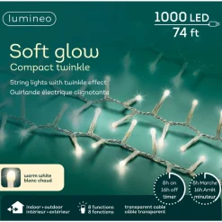 1,000 LED Warm White Soft Glow Compact Twinkle Light, Transparent Wire<Lumineo Sale