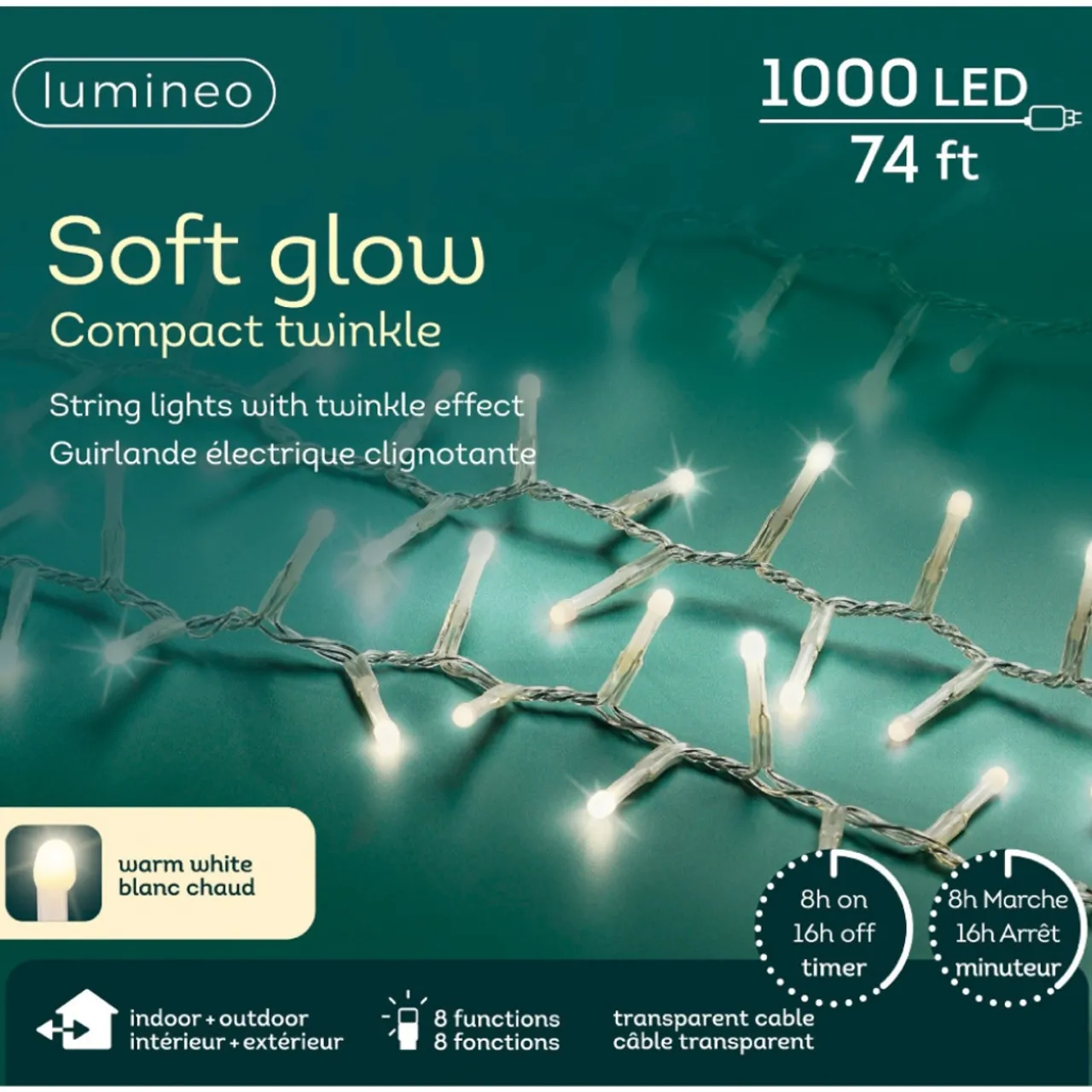 1,000 LED Warm White Soft Glow Compact Twinkle Light, Transparent Wire<Lumineo Sale