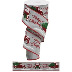 Merry Christmas Red Truck On Light Gray Linen Ribbon  10 Yards Long x 2.5 Inch Wide< Sale