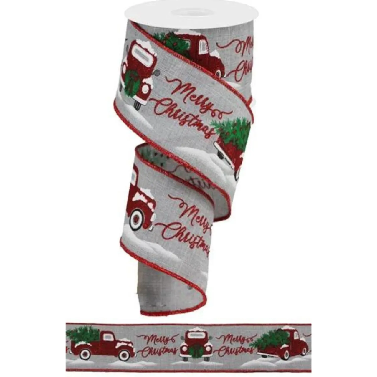 Merry Christmas Red Truck On Light Gray Linen Ribbon 10 Yards Long x 2.5 Inch Wide< Sale