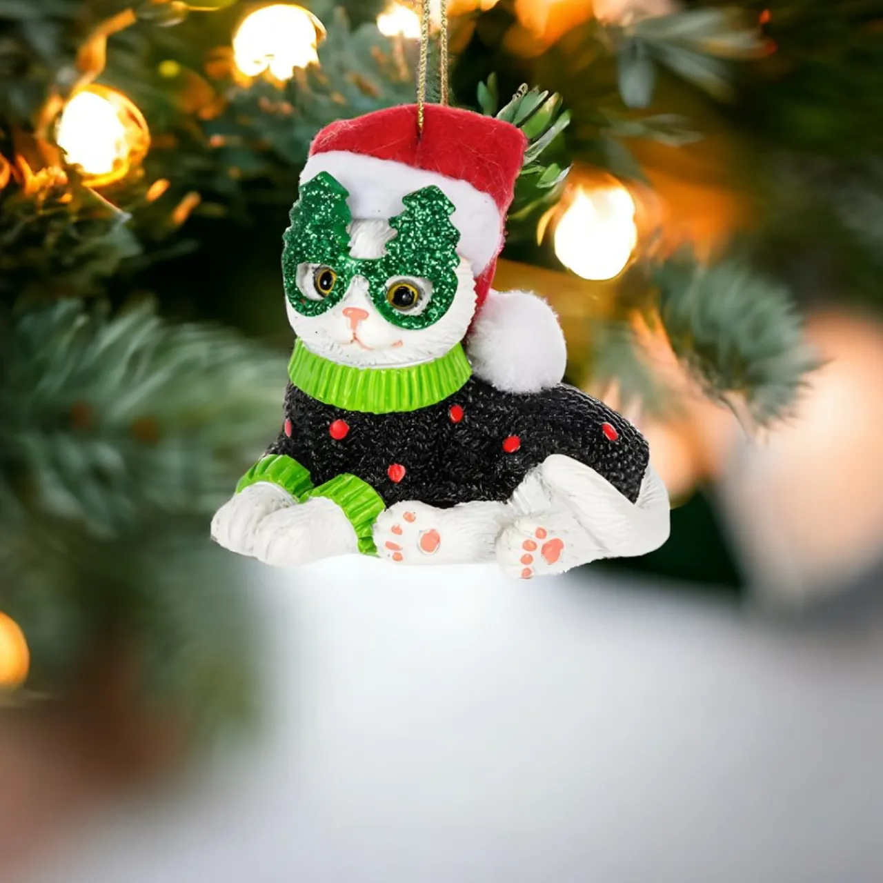 Navidad Cat with Green Tree Glasses Ornament< Outlet