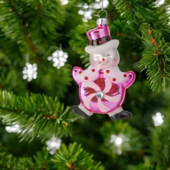 Peppermint Candy Snowman Glass Ornament< New