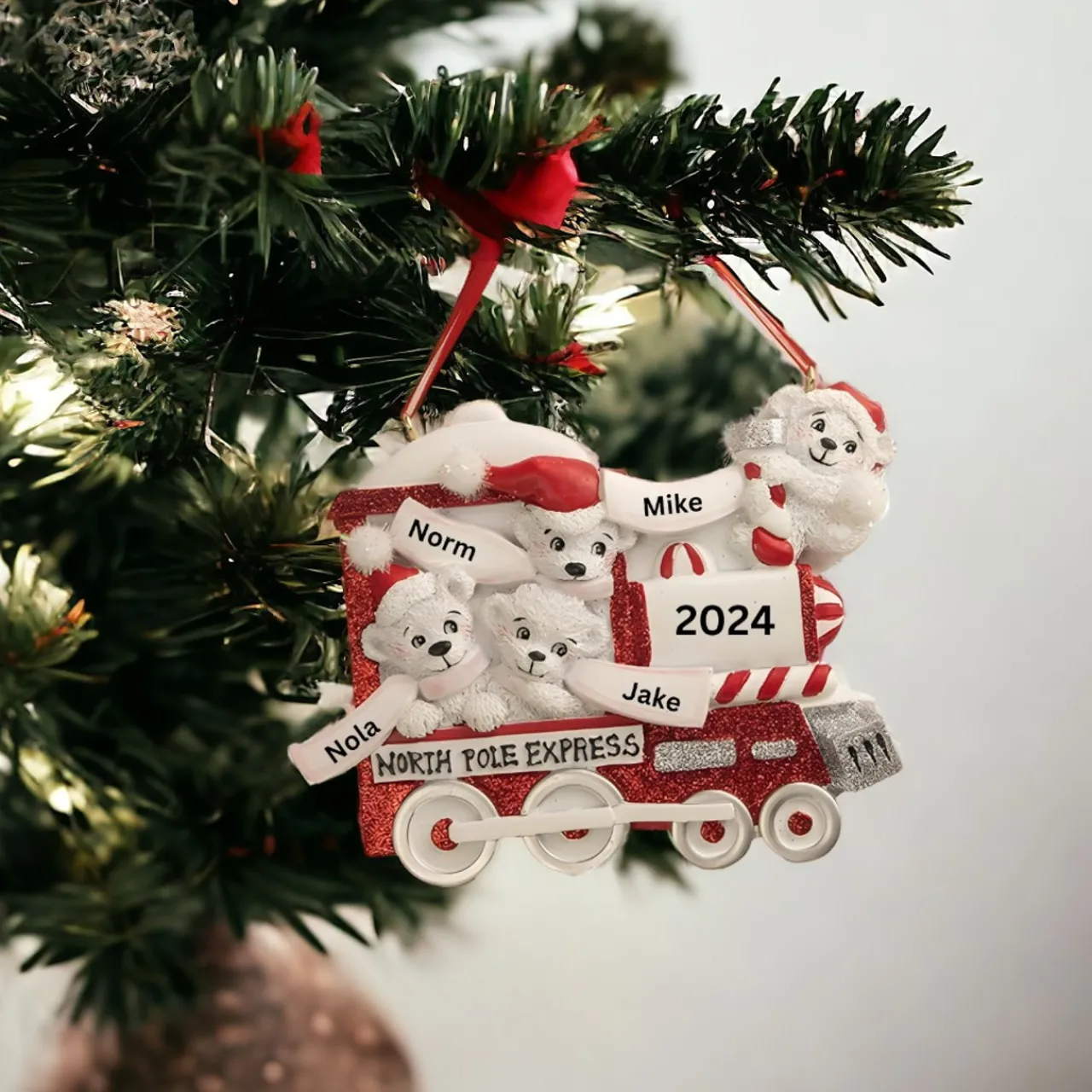 Personalized North Pole Express Polar Bear Family of 4 Ornament<Kurt Adler Clearance