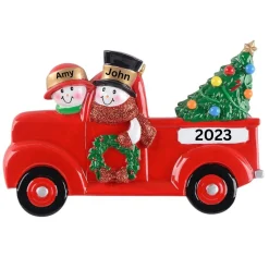 Personalized Snowman Couple In Red Truck Ornament< Outlet
