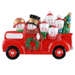 Personalized Snowman Family Of 6 In Red Truck Ornament< Sale