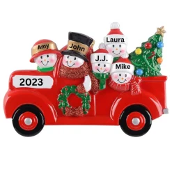 Personalized Snowman Family Of 5 In Red Truck Ornament< Discount