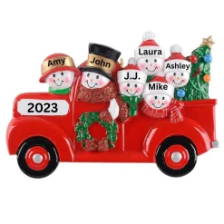 Personalized Snowman Family Of 6 In Red Truck Ornament< Sale