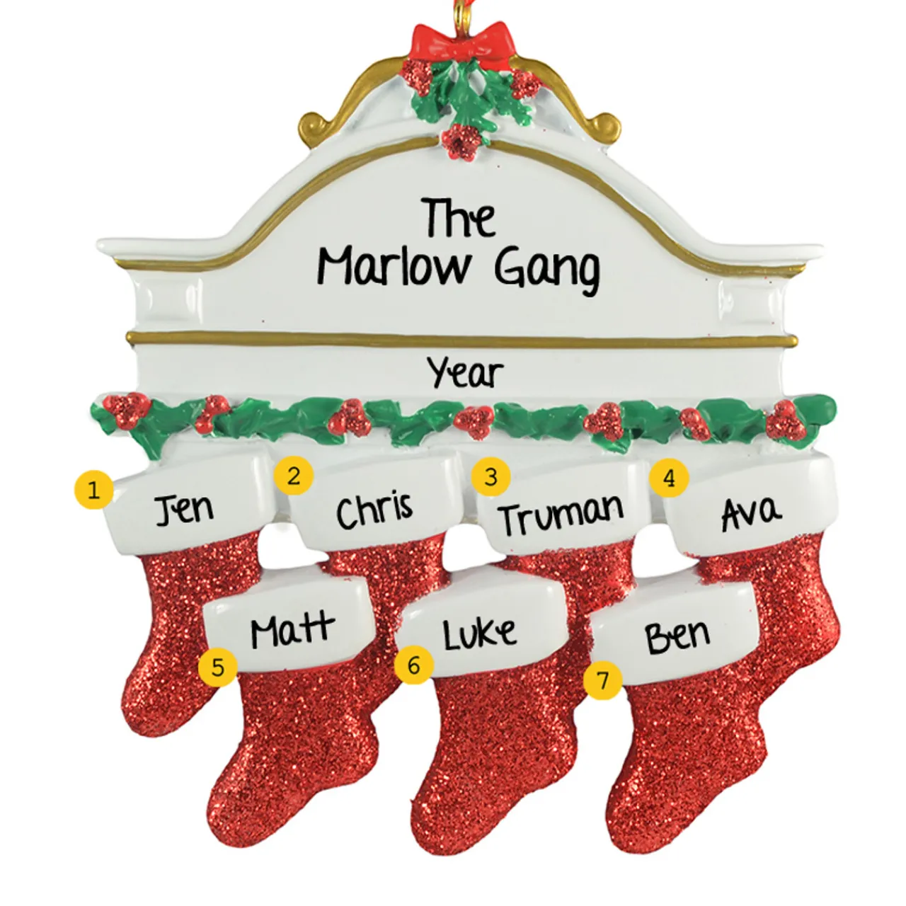 Personalized White Mantle with 7 Red Stockings Ornament - The Christmas Loft< Best