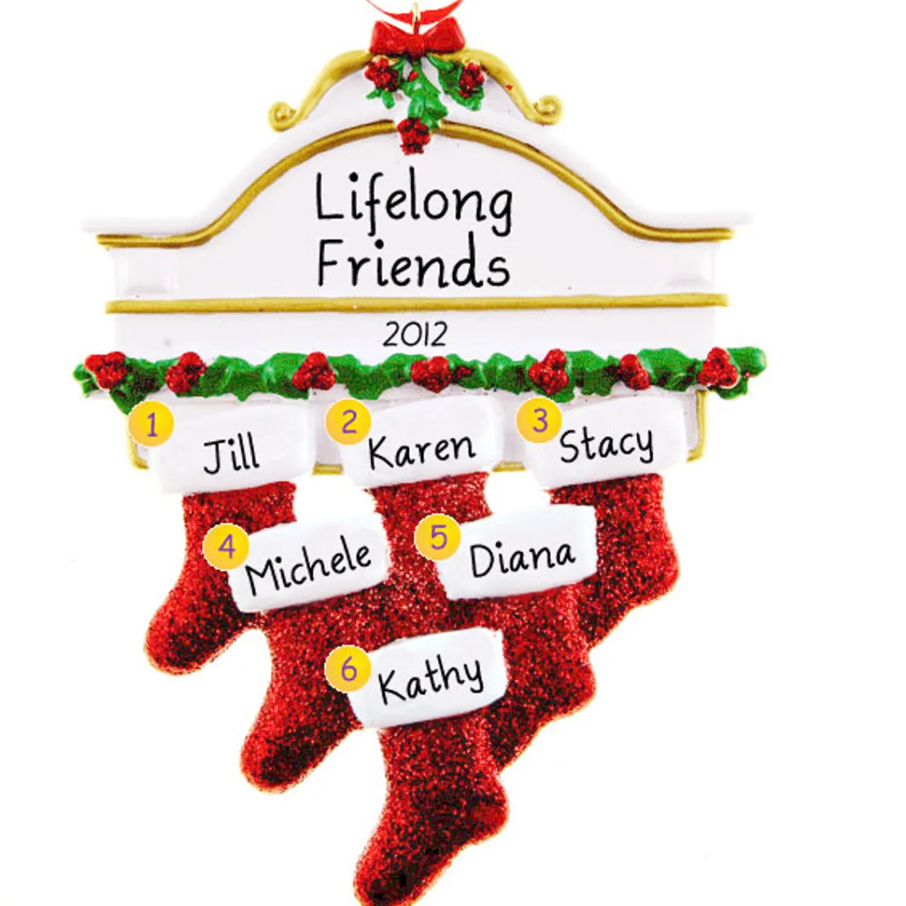 Personalized White Mantle with 6 Red Stockings Ornament - The Christmas Loft< Outlet