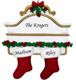 Personalized White Mantle with 2 Red Stockings Ornament - The Christmas Loft< Best