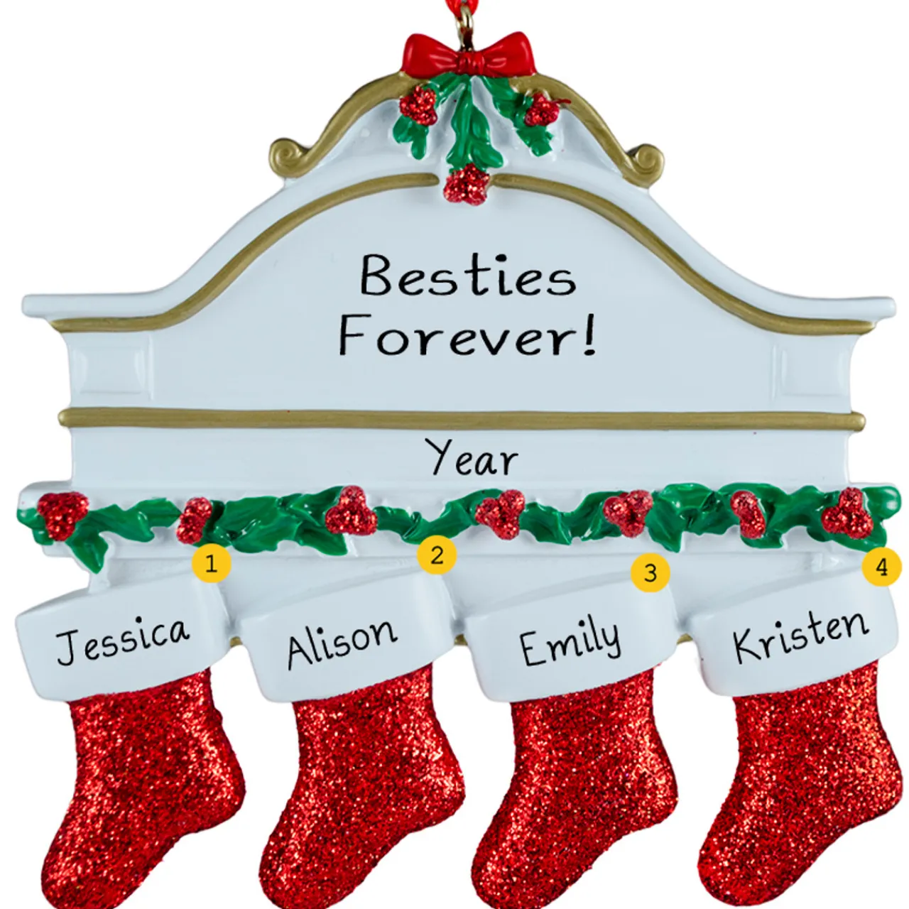 Personalized White Mantle with 4 Red Stockings Ornament - The Christmas Loft< Fashion