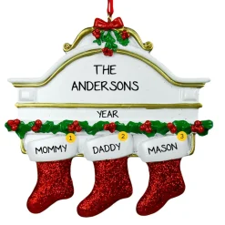 Personalized White Mantle with 3 Glitter Red Stockings Ornament - The Christmas Loft< Online