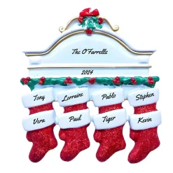 Personalized White Mantle with 8 Red Stockings Ornament - The Christmas Loft< Hot