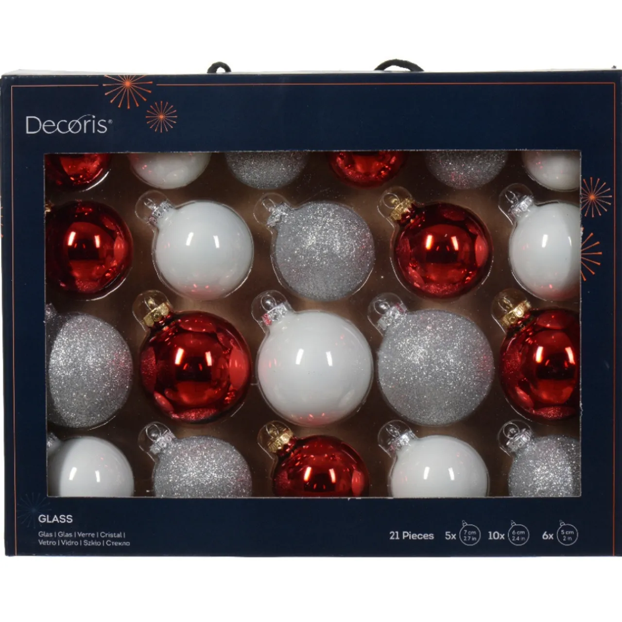 21 Piece Red, White, Silver Glass Ball Ornament Set< Best