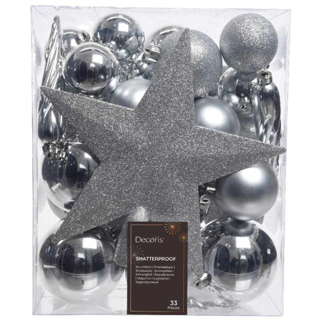 33 Piece Silver Shatterproof Ornament Set< Hot
