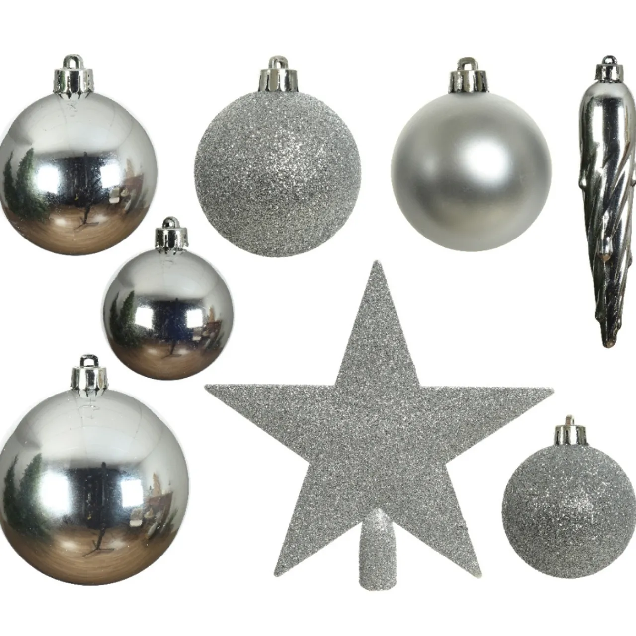 33 Piece Silver Shatterproof Ornament Set< Hot