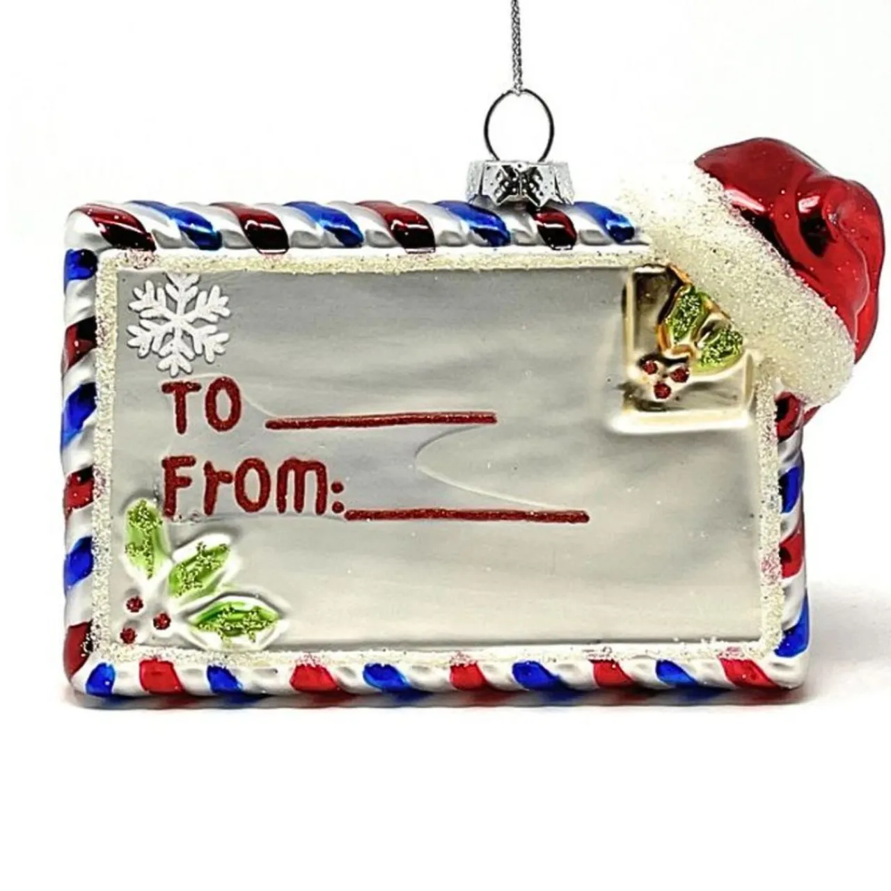 Present Tag Ornament with Santa Hat and Holly< Clearance