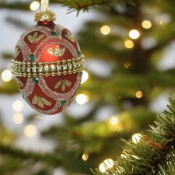 Red Beaded Glass Egg Ornament< Hot
