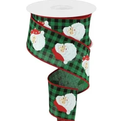 Santa Heads On Green Plaid Ribbon 10 Yard x 2.5 Inch Wide< Sale