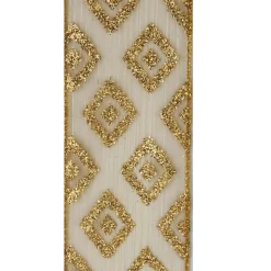 Sheer Gold With Gold Glittered Diamond Patterned Double Wire Ribbon<Kurt Adler Fashion