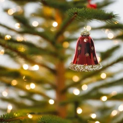 Shiny Dark Red Glittered Bell Ornament< Clearance