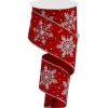 Silver Glittered Snowflakes On Red Velvet Ribbon 10 Yards Long 2.5 Inch Wide< Clearance