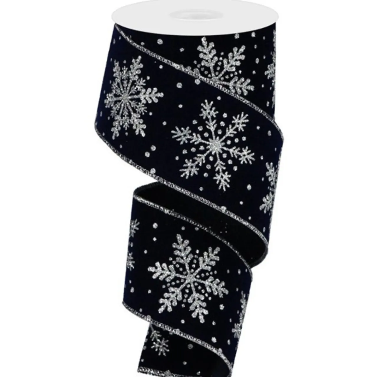 Silver Glittered Snowflakes on Navy Blue Velvet Ribbon 10 Yards Long x 2.5 Inch Wide< Fashion