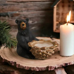Sitting  Black Bear with Pinecone Candle Holder< Clearance