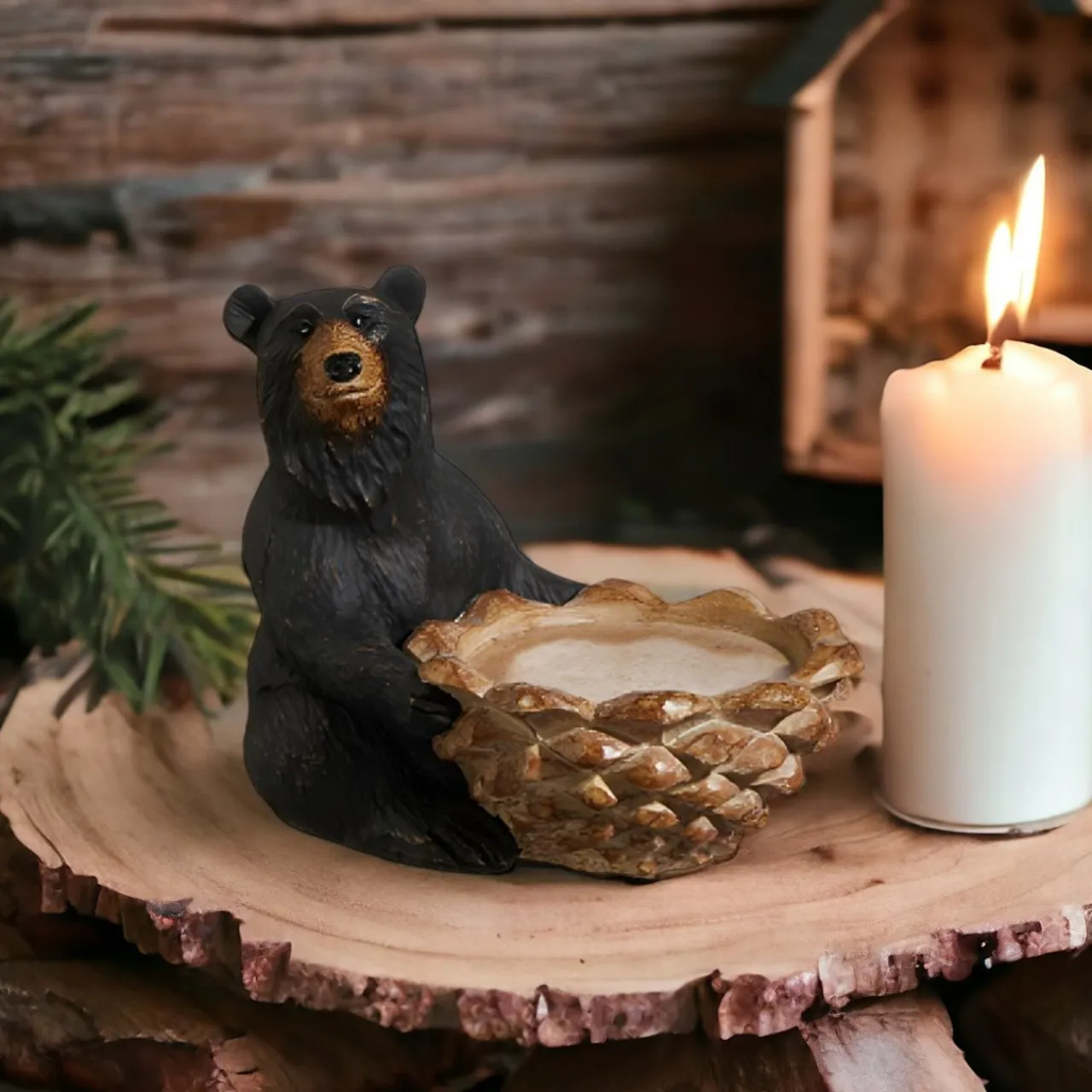 Sitting Black Bear with Pinecone Candle Holder< Clearance