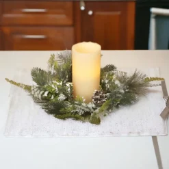 Snow Kissed Flocked Pine And Pinecone Candle Ring< Clearance