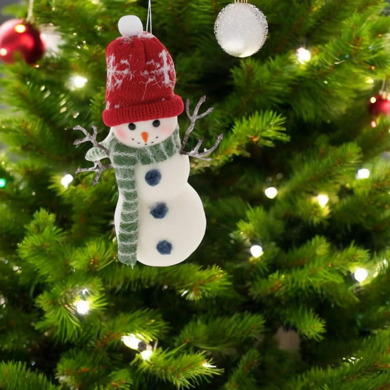 Snowman Wearing Red Hat Ornament< New